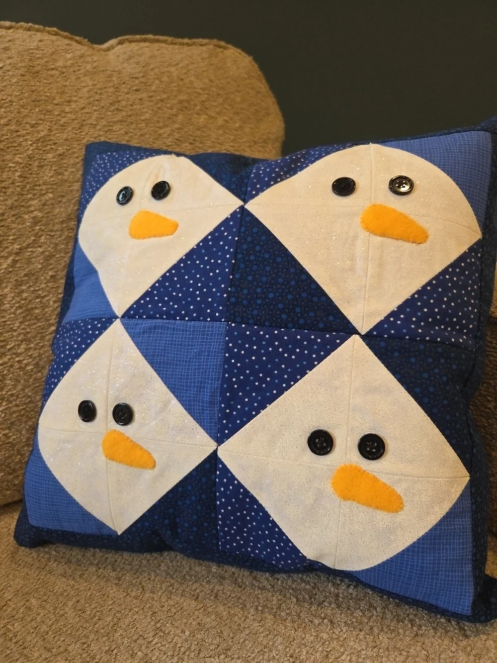 Handmade Blue Snowman Patchwork Holiday Pillow 15x15